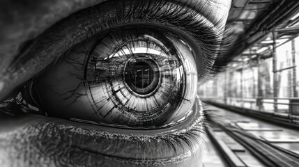 An intricate close-up of an eye incorporating complex geometric patterns and reflections, symbolizing technology, perception, and the fusion of human and machine.