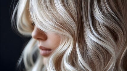 Fototapeta premium A realistic close-up photo of a balayage hairstyle, semi-blonde hair. represents Hair Beauty and Styling, professional hair coloring, salon-quality hair care and the elegance of balayage, beauty.