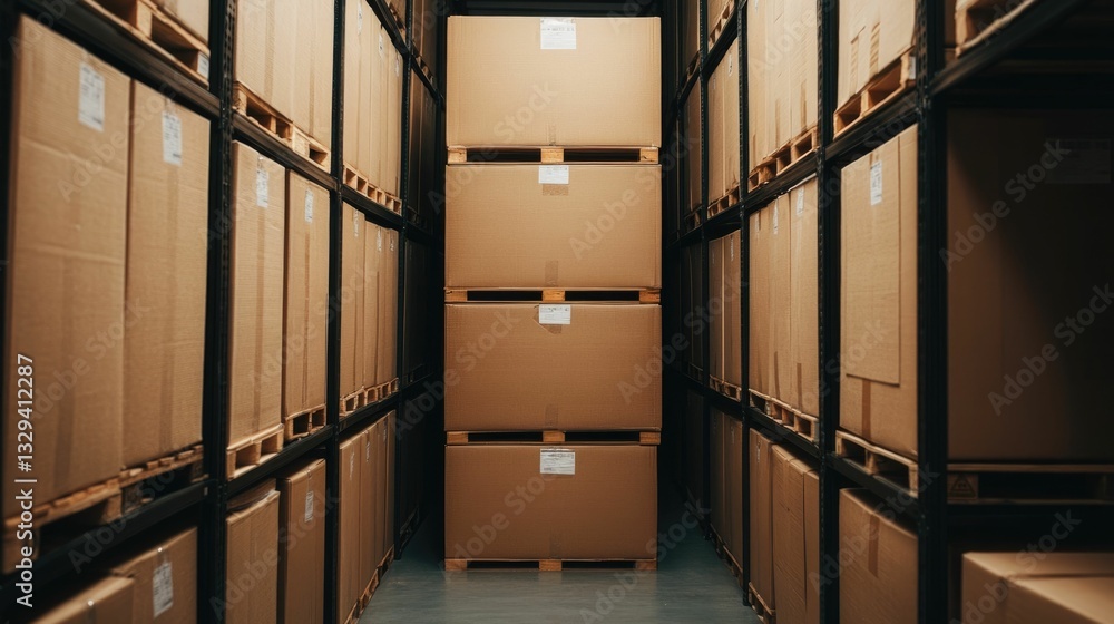 Poster innovative and modern interior of an iot powered warehouse with shelves and stacked cardboard boxes 