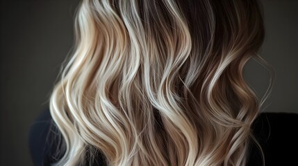 Naklejka premium A realistic close-up photo of a balayage hairstyle, semi-blonde hair. represents Hair Beauty and Styling, professional hair coloring, salon-quality hair care and the elegance of balayage, beauty.