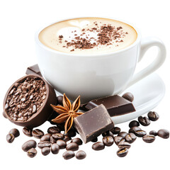Cafe Indulgence: A delectable cappuccino, adorned with cocoa and set alongside rich dark chocolate, coffee beans, and star anise, inviting a sensory exploration of flavor and aroma.