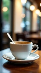 Fototapeta premium A porcelain coffee cup with a spoon rests in a cafe setting Wooden table, soft bokeh , interior, still life, warm