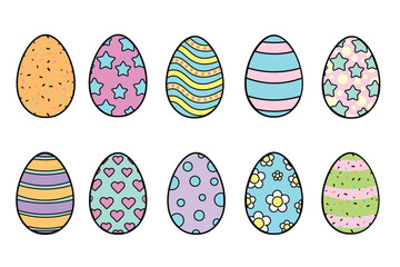 Set of easter eggs cute pastel colored outline design elements isolated on white background. Easter Eggs. Set of vector decorative eggs illustrations for varios designs.