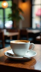 Fototapeta premium A porcelain coffee cup with a spoon rests in a cafe setting Wooden table, soft bokeh , spoon, morning