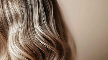 Naklejka premium A realistic close-up photo of a balayage hairstyle, semi-blonde hair. represents Hair Beauty and Styling, professional hair coloring, salon-quality hair care and the elegance of balayage, beauty.