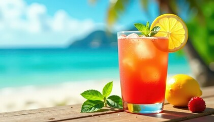 A refreshing beverage with citrus & herb accents sits on a beach table , still life, vacation