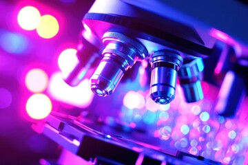 Microscope close up with vibrant lighting exploring scientific phenomena