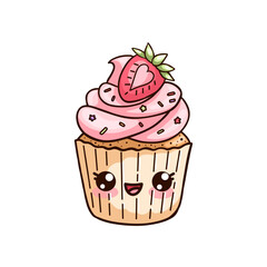 Appetizing kawaii cupcake with pink cream and sweet strawberries on top. Vector illustration in cartoon kawaii style on white background. Cute dessert and sweet pastry for menu, cafe, recipes, bakery