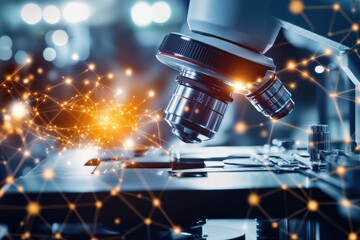 Close up view of a microscope examining samples with digital effects Generative AI