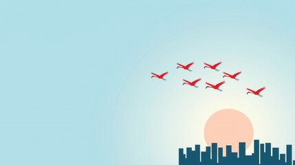 Fototapeta premium Group of Flamingos Flying Over Futuristic City Skyline with Sunset in Background