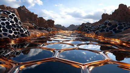 Hexagonal Pathway Through a Surreal Desert Landscape: A 3D Render AI Generated