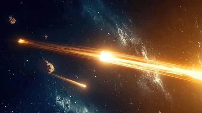 A thrilling depiction of asteroids in motion against a space background, showcasing the power of nature and the vastness of the universe, feeling both ominous and fascinating.