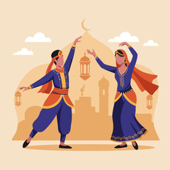 Fototapeta premium Couple Dancing in Traditional Clothing Against Middle Eastern Silhouette