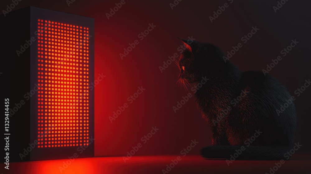Poster cat engaged with ai powered robotic device in a dark room, highlighting interaction and technology