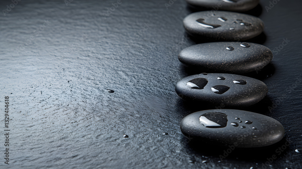 Poster row of smooth rocks adorned with water droplets creating a natural and serene scene of circular form