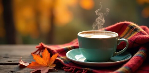 A steaming mug of coffee beside a warm plaid throw and colorful autumn leaves , seasonal, leaves