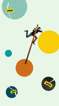 Man on pole and looking forward to make right choice. Colorful circles labeled WRONG. Taking risks and mistakes. Stop motion, animation. Concept of business, progress, achievement, development