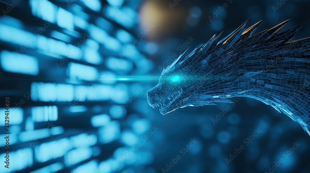 Poster futuristic dragon interacting with advanced ai technologies in a high-tech digital environment