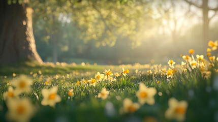 Fototapeta premium Vibrant Yellow Daffodil Flowers Blooming in a Sunlit Meadow with Soft Morning Light 
