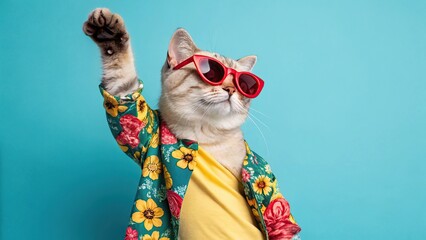 Stylish Cat in Sunglasses with Colorful Fashion on Blue Background