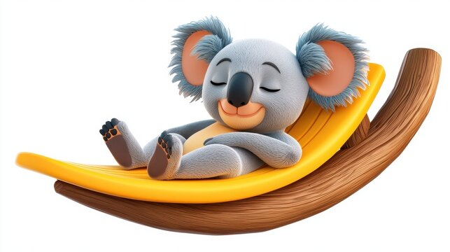 Cute Grey Koala Relaxing on Yellow Banana Hammock 3D Render