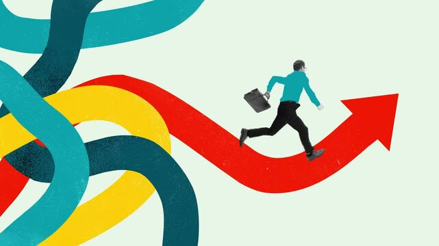 Businessman confidently walking forward on large red arrow, racing past tangled paths of challenges. Stop motion, animation. Concept of business, progress, achievement, development