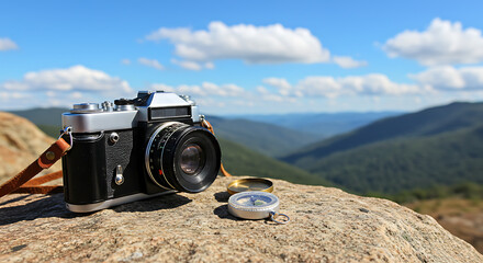 Camera and compass on a hiking trip
