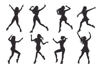 Dancing Women black silhouettes, Vector silhouettes of girls dancing in different positions high quality silhouettes isolated on white background