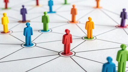 Social Network Visualization with Multicolored Wooden Figures Connected by Lines