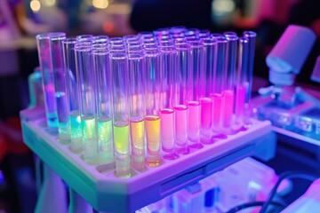Close up of illuminated test tubes in laboratory rack with colorful fluids Generative AI