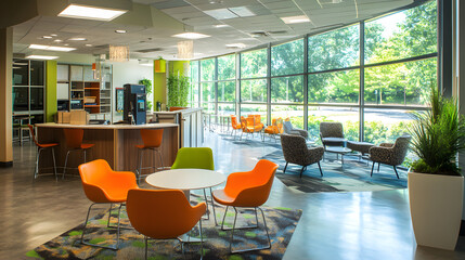 An energy-efficient office with LED lighting, smart thermostats, and sustainable energy-saving solutions