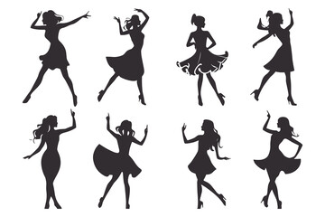Dancing Women black silhouettes, Vector silhouettes of girls dancing in different positions high quality silhouettes isolated on white background © RK-DESIGNER