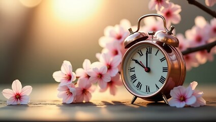 Timeless Vintage Clock Surrounded by Blossoming Cherry Flowers at Sunrise