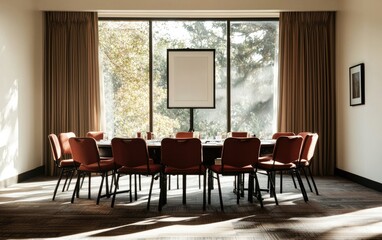 Fototapeta premium Modern Conference Room with Red Chairs and Large Window Overlooking Lush Green Trees Illuminated by Natural Light