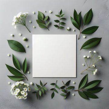 Delicate arrangement of greenery and gypsophila surrounding a blank square. Floral mockup
