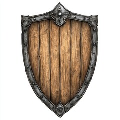 Medieval Wooden Shield with Metal Frame on White Background