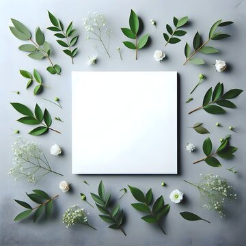 Floral and leafy arrangement featuring ranunculus surrounding a blank square for wedding invitations. Floral mockup