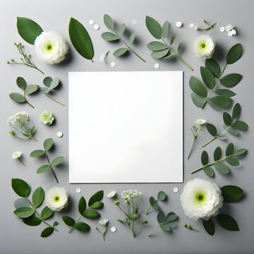 Floral and leafy arrangement featuring ranunculus surrounding a blank square for wedding invitations. Floral frame mockup