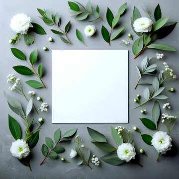 Elegant arrangement of white flowers and greenery surrounding a blank square for wedding and party invitations. Floral frame mockup