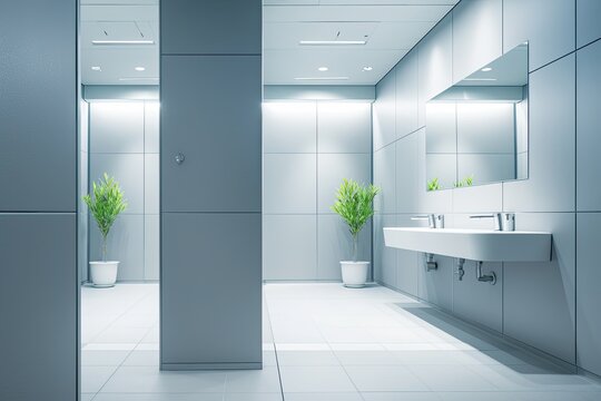Modern office restroom sinks, plants, design