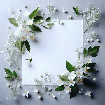 Elegant arrangement of white flowers and greenery surrounding a blank square for wedding and party invitations. Floral frame mockup