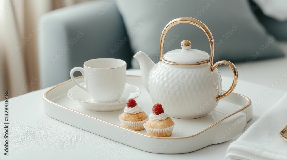 Poster Elegant tea set with an array of delectable desserts arranged on a ceramic tray creating a cozy and inviting scene in a warm home interior setting
