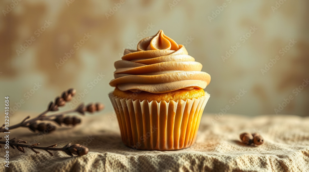 Poster a cupcake with a frosting swirl on top sits on a table