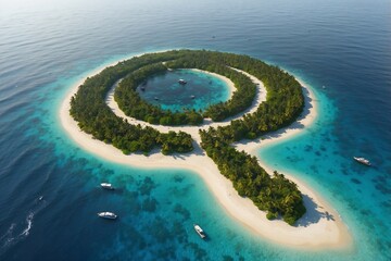 Minimalist Logo Featuring a Paradise Island in the Middle of the Ocean in a Circle on a White Background