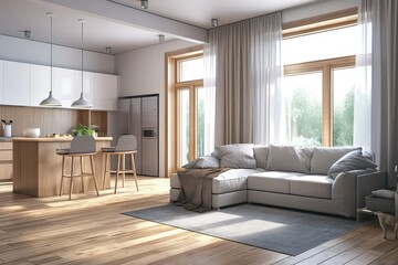 Fototapeta premium Modern open-plan kitchen living room sunlight interior design