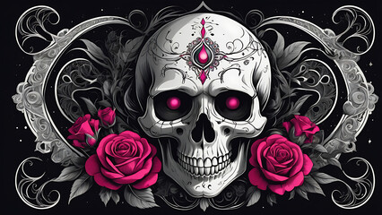 A skull in a gothic or neo-traditional style, with detailed ornaments, dark tones and a mystical atmosphere