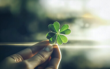 A close-up of a hand gently holding a rare four-leaf clover, illuminated by warm sunlight, symbolizing luck and fortune. The blurred background enhances the focus on the clover's delicate texture.