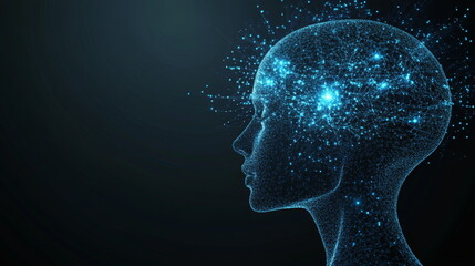 A wireframe hologram of an AI head