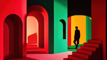 A Silhouette in a Vibrant Architectural Maze: Exploring Color and Form in a Surreal Modern Setting