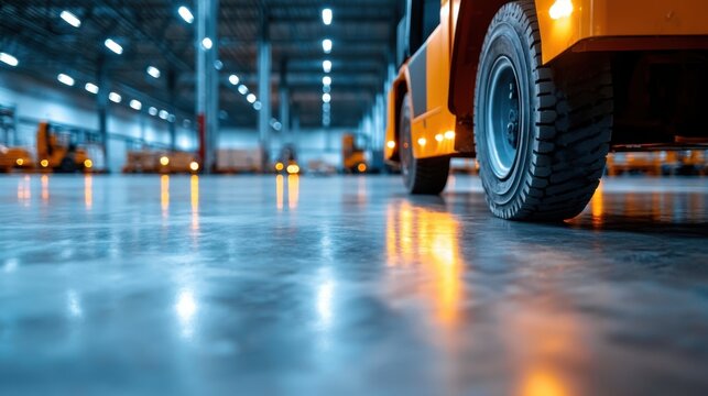 Industrial warehouse interior with forklift focus and reflective flooring